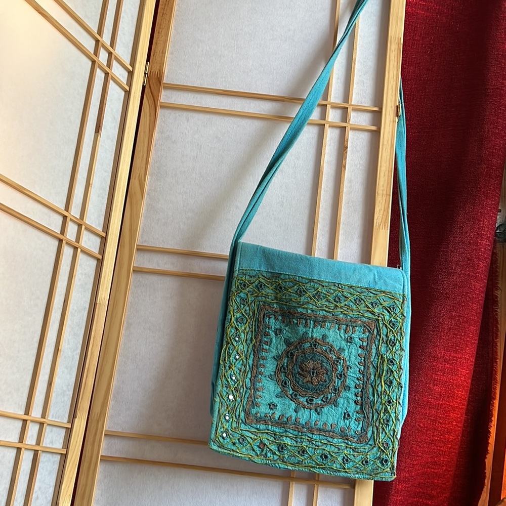 Super Cute Turquoise Hobo Crossbody Purse Bag w/ Embroidery